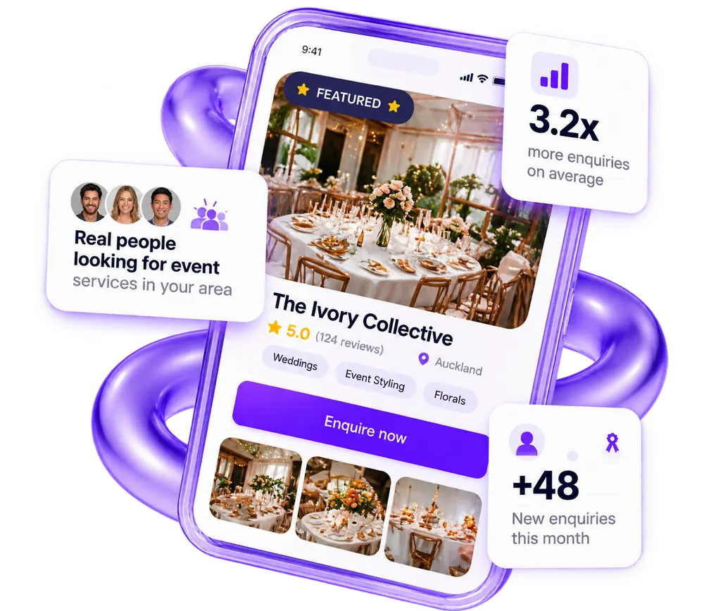 Illustration of a Berrylist event provider profile and enquiry dashboard