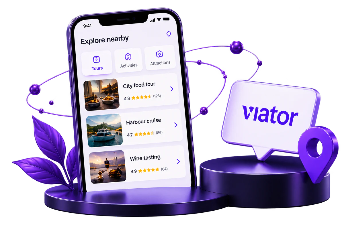 A phone showing nearby Viator tours, activities and attractions